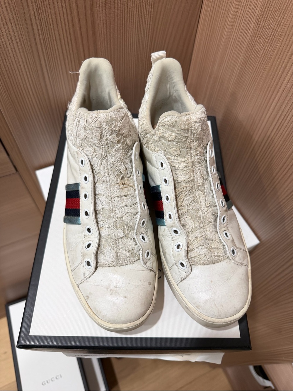 Gucci Ace Sneakers White Leather Lace Slip On Web Stripe Floral Lace 38 - Picture 3 of 5